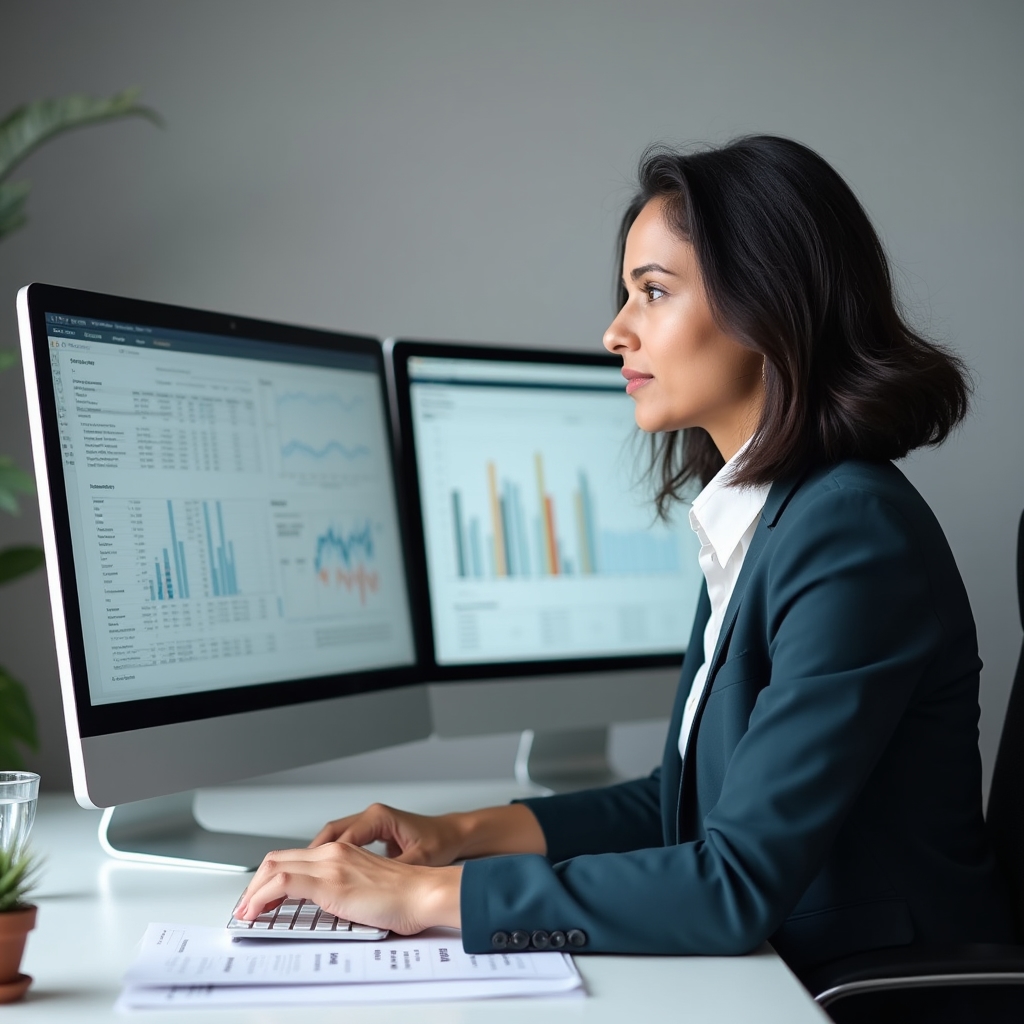 Consultant reviewing data reports on screen