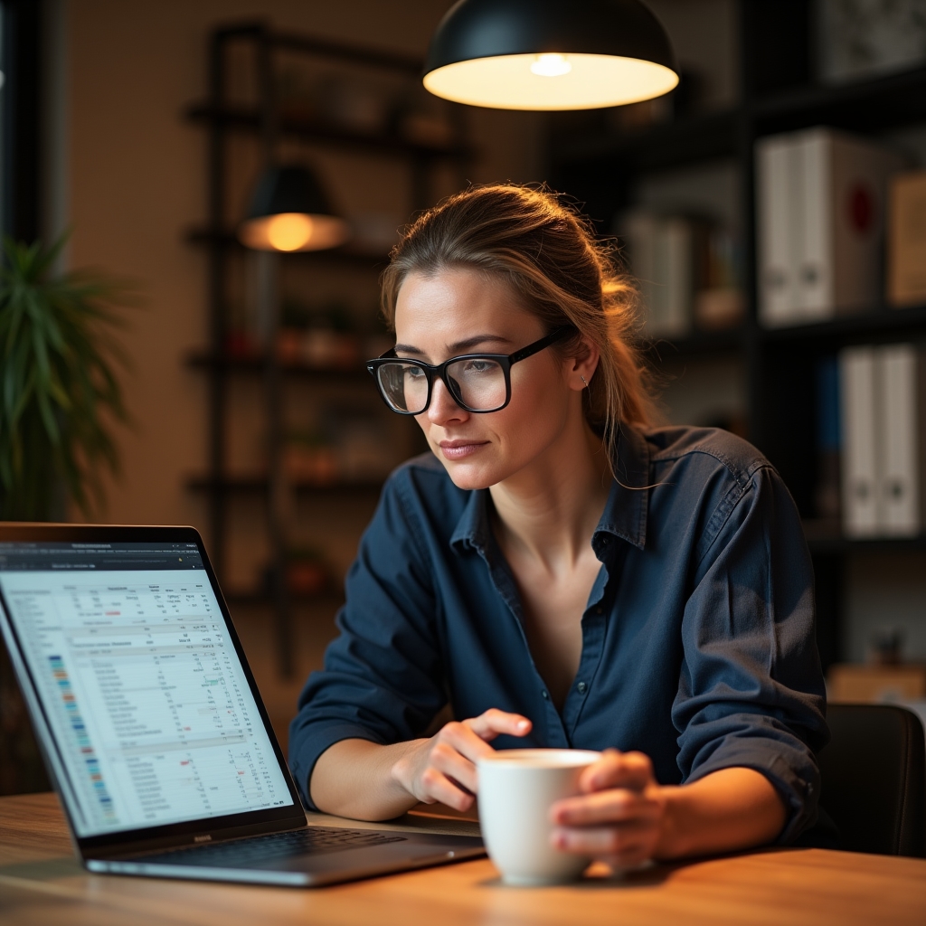 Small business owner reviewing data on laptop